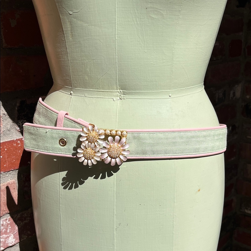 Lily Pulitzer Pastel Green & Pink Canvas Belt with Gold Floral Buckle size small